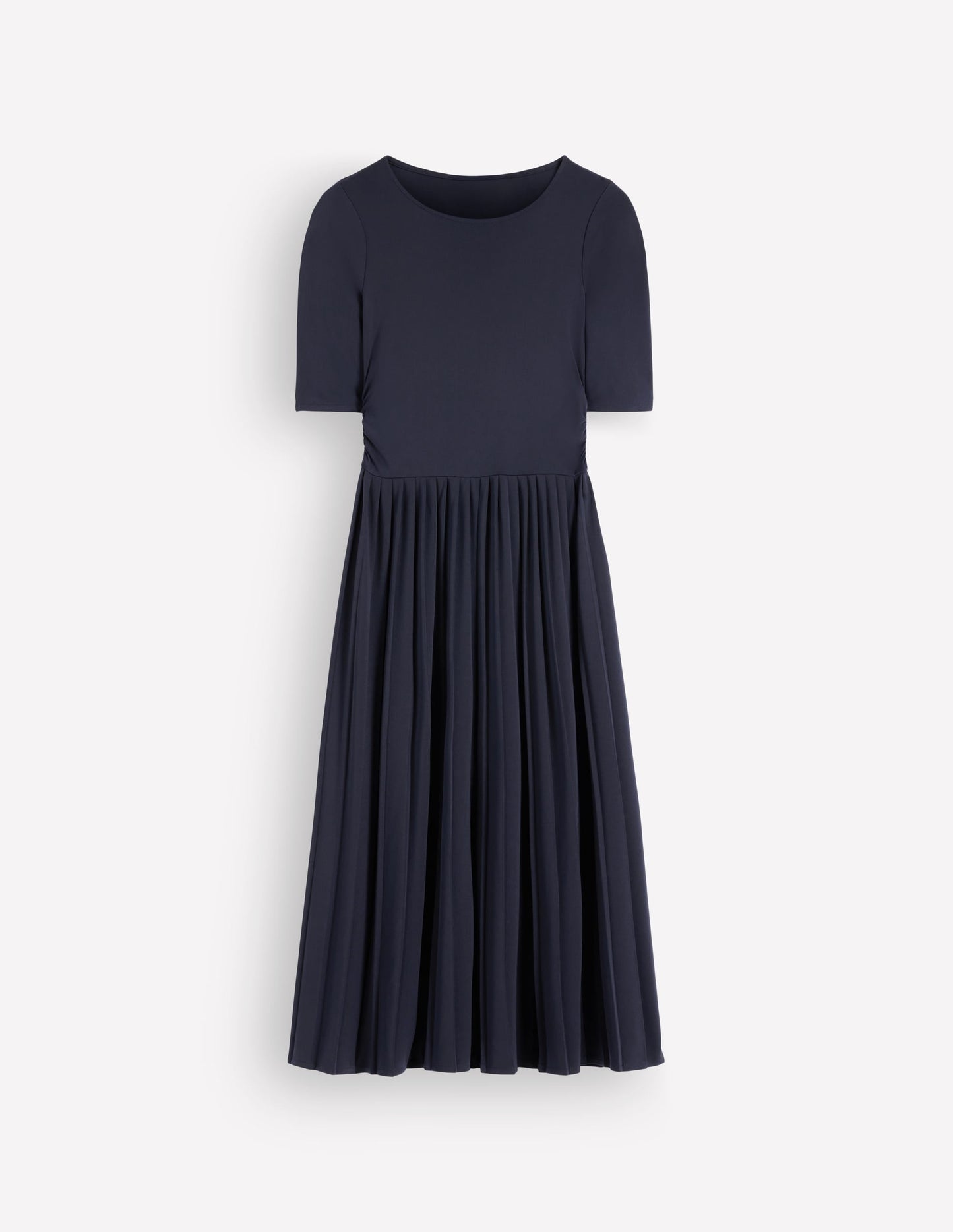 Pleated Jersey Midi Dress-Navy