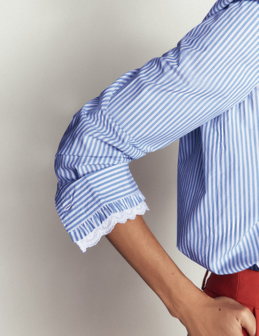 Sienna Frill Cotton Shirt-Forget Me Not, Ivory Stripe