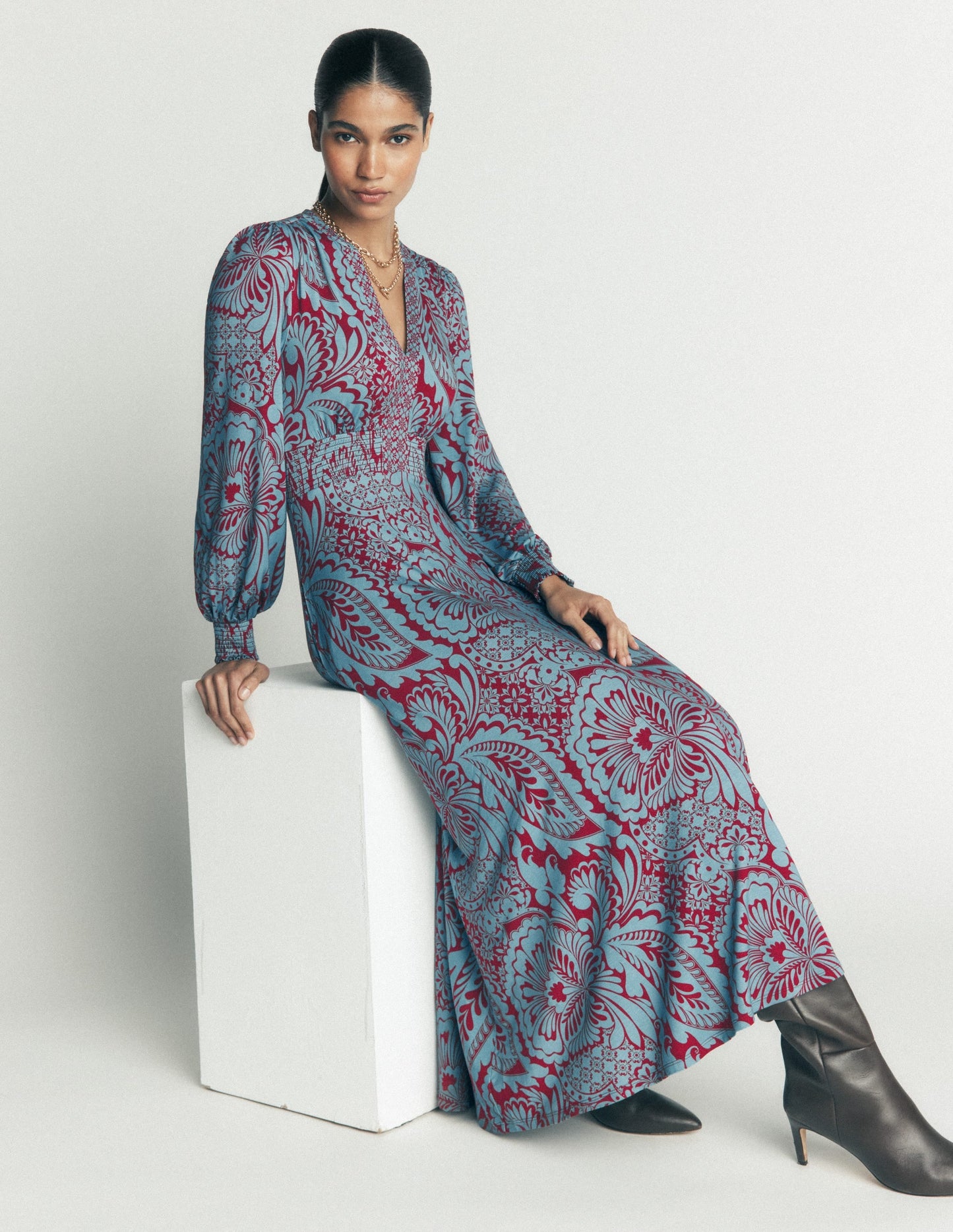 Georgia Jersey Midi Dress-Delphinum Blue, Botanical