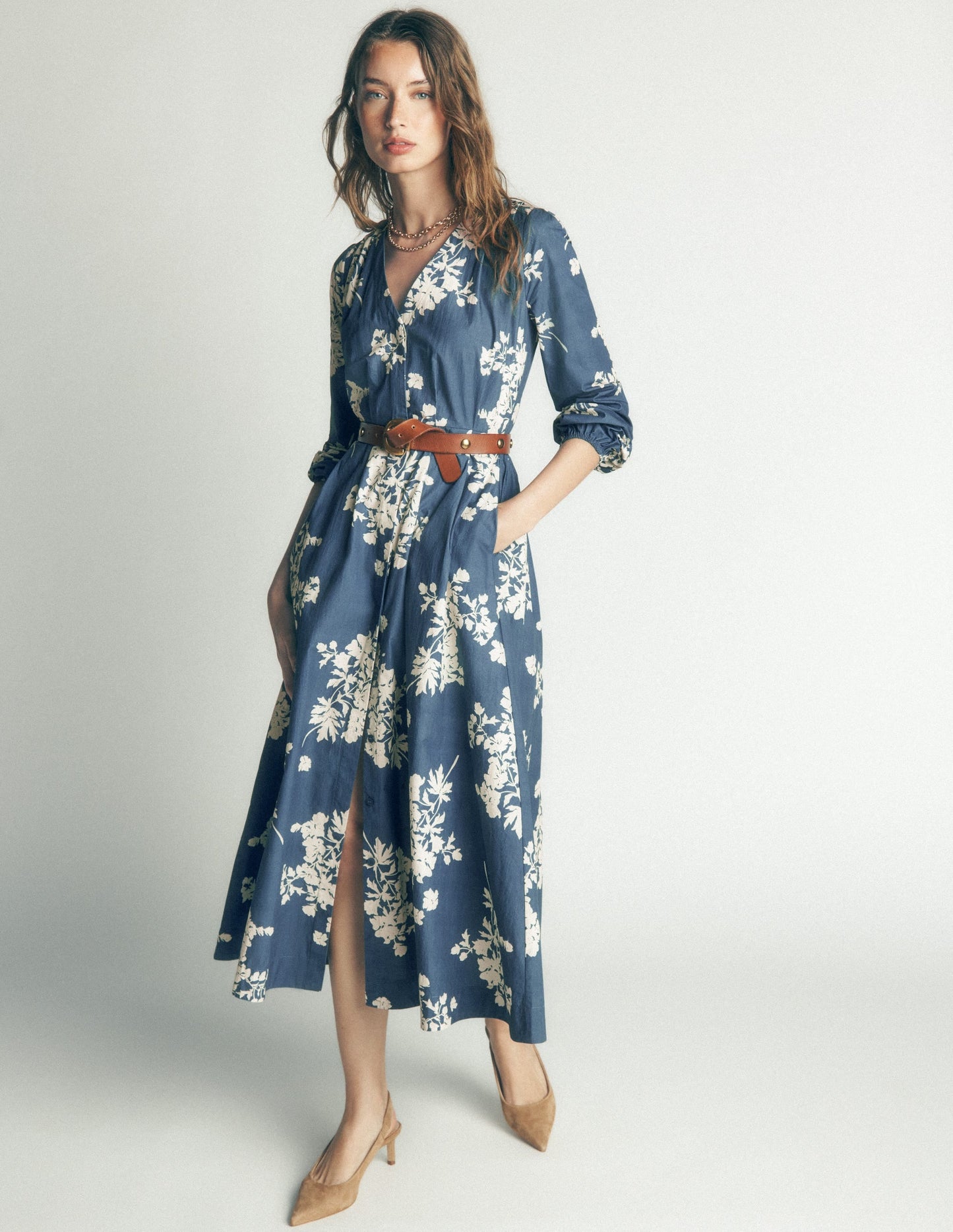 Nicola Cotton Midi Dress-Blue, Flecked Bunch