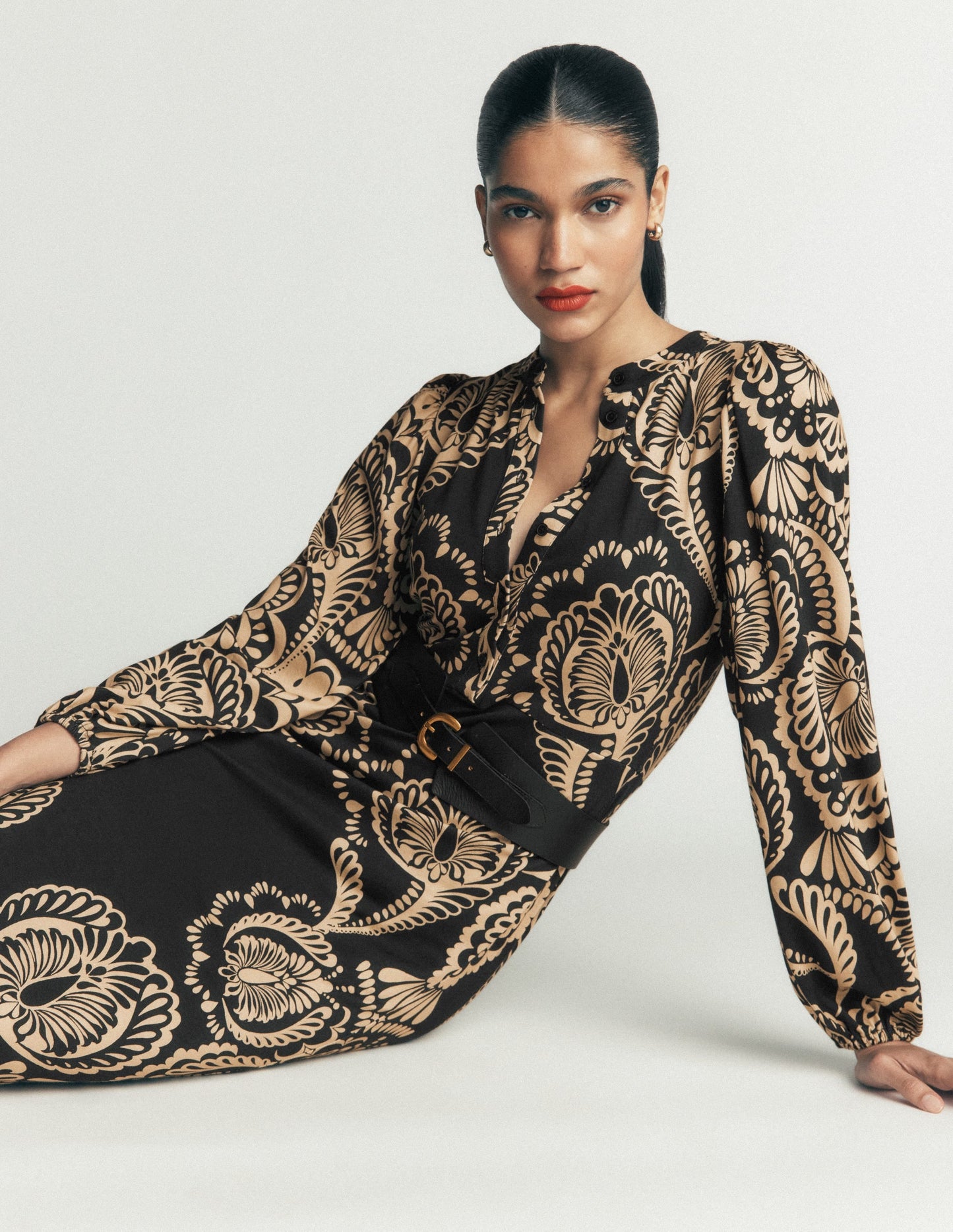 Eli Belted Jersey Midi Dress-Black, Flourishing Medley