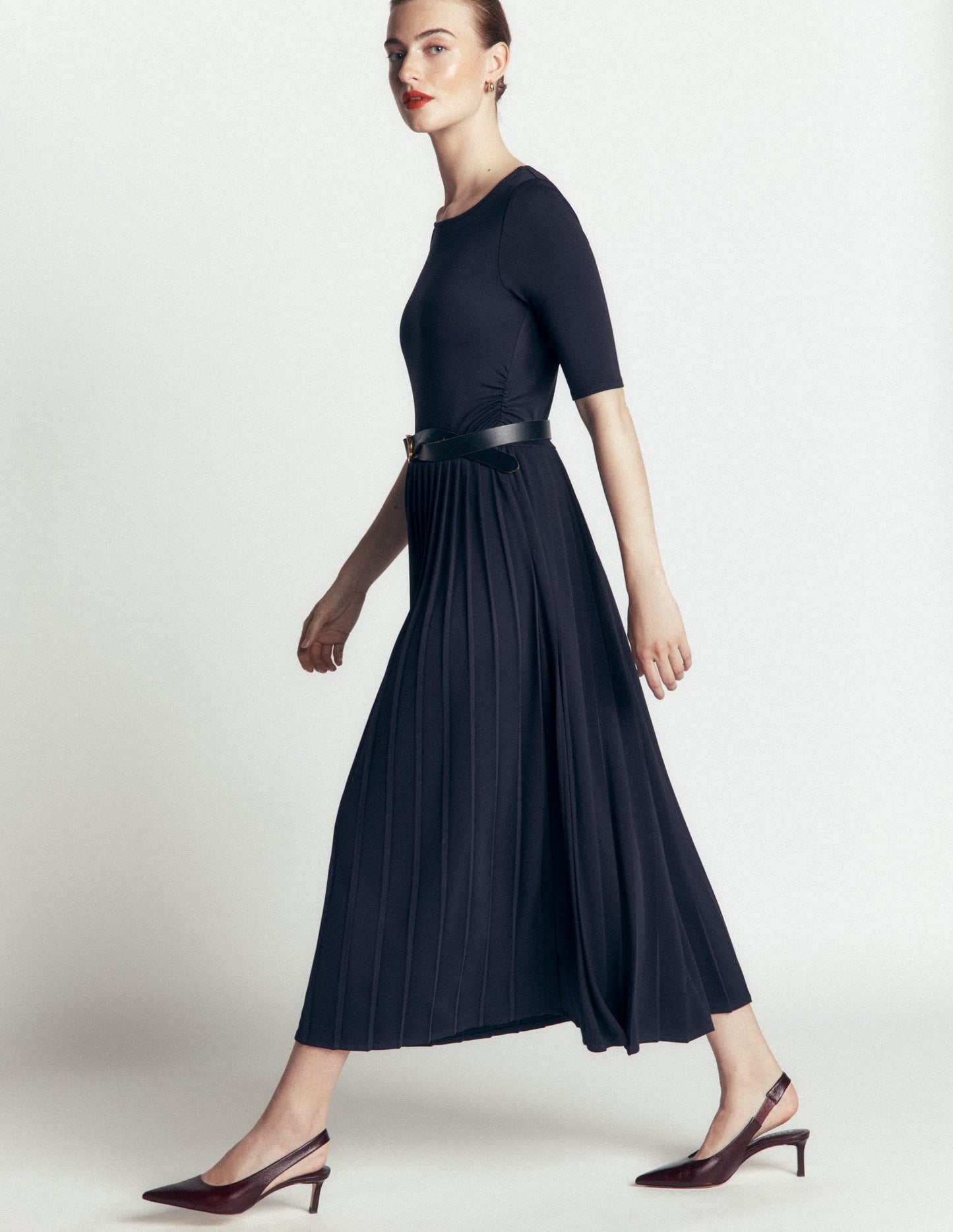 Pleated Jersey Midi Dress-Navy