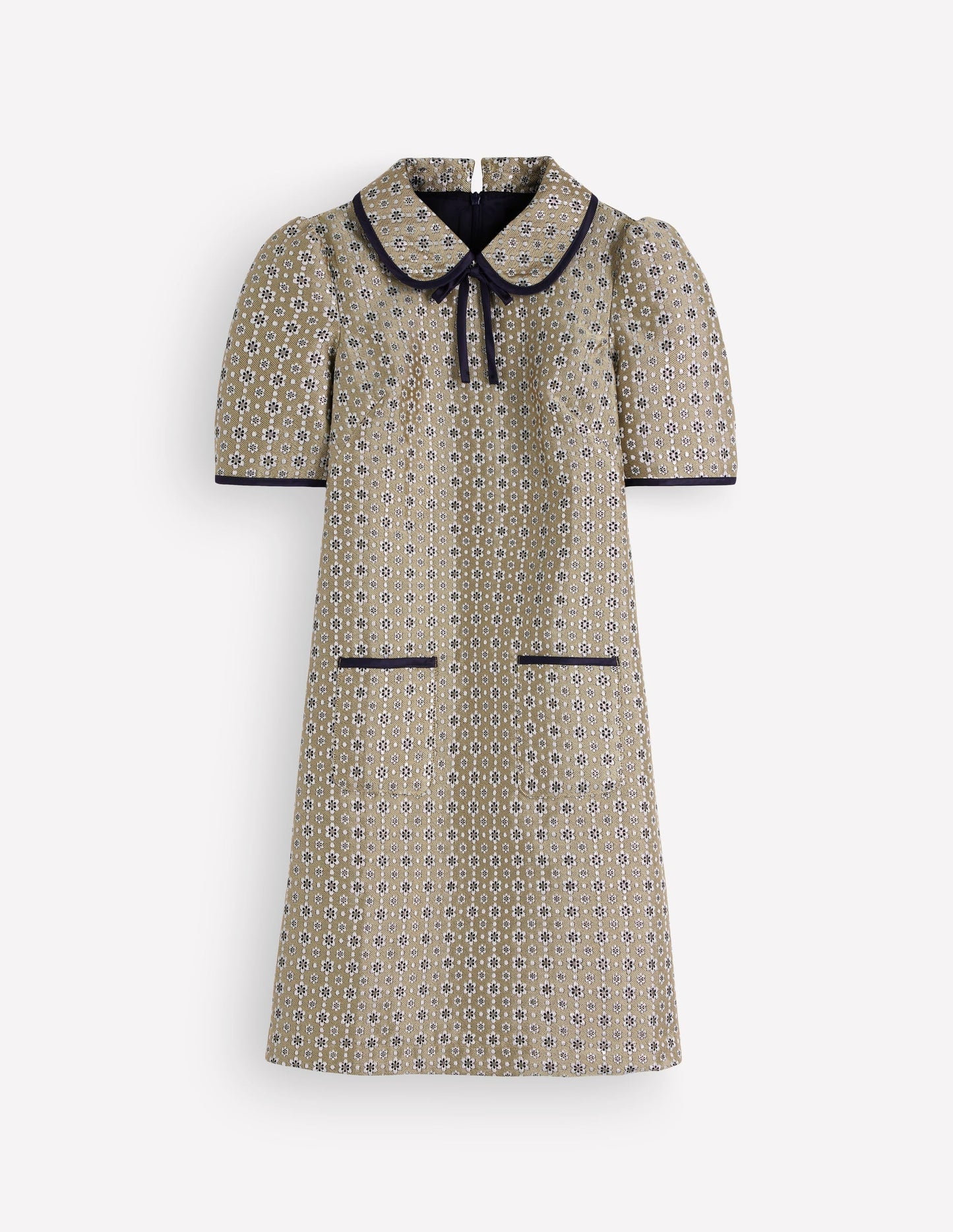 Bow Detail Pocket Shift Dress-Gold Jacquard