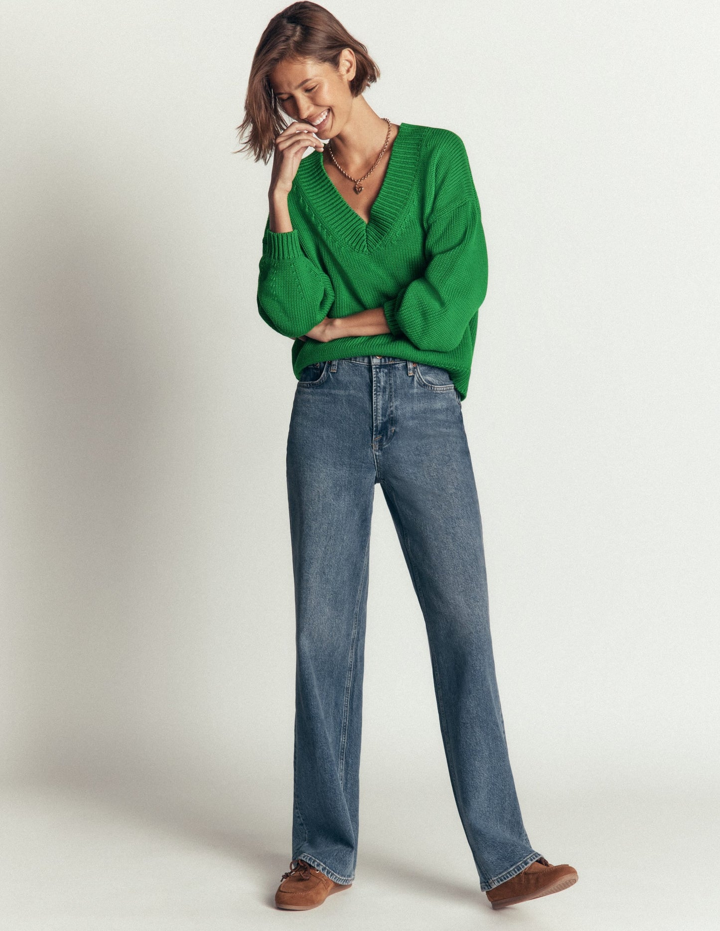 Lucy Cotton V-neck Jumper-Highland Green