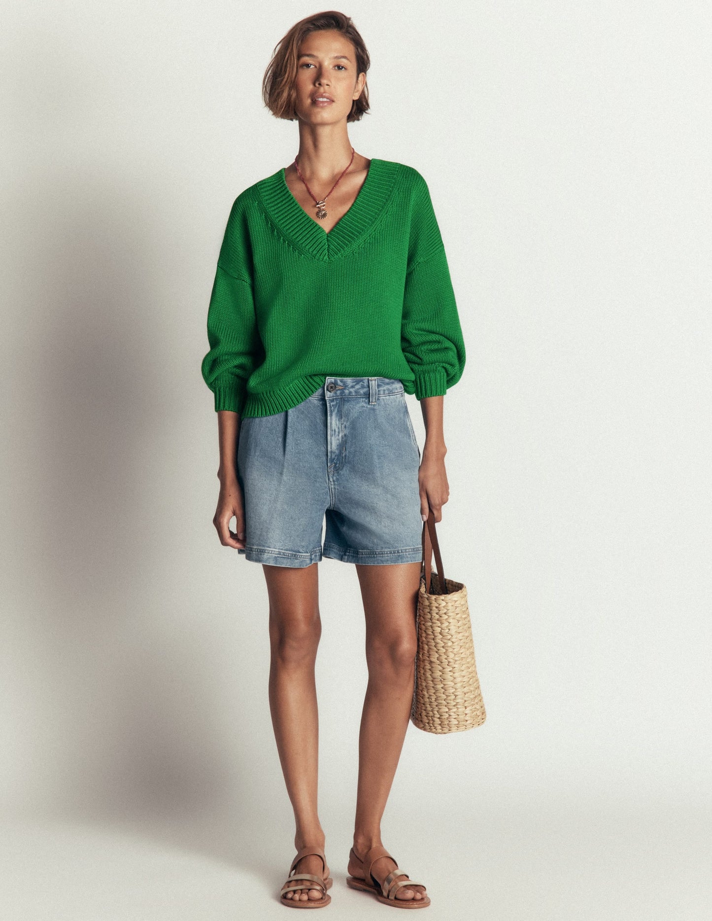 Lucy Cotton V-neck Jumper-Highland Green