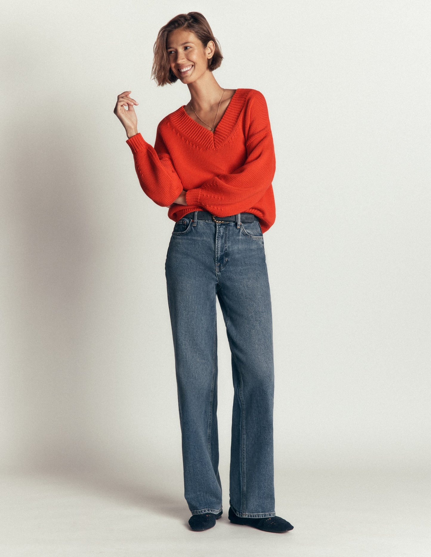 Lucy Cotton V-neck Jumper-Sunset Orange