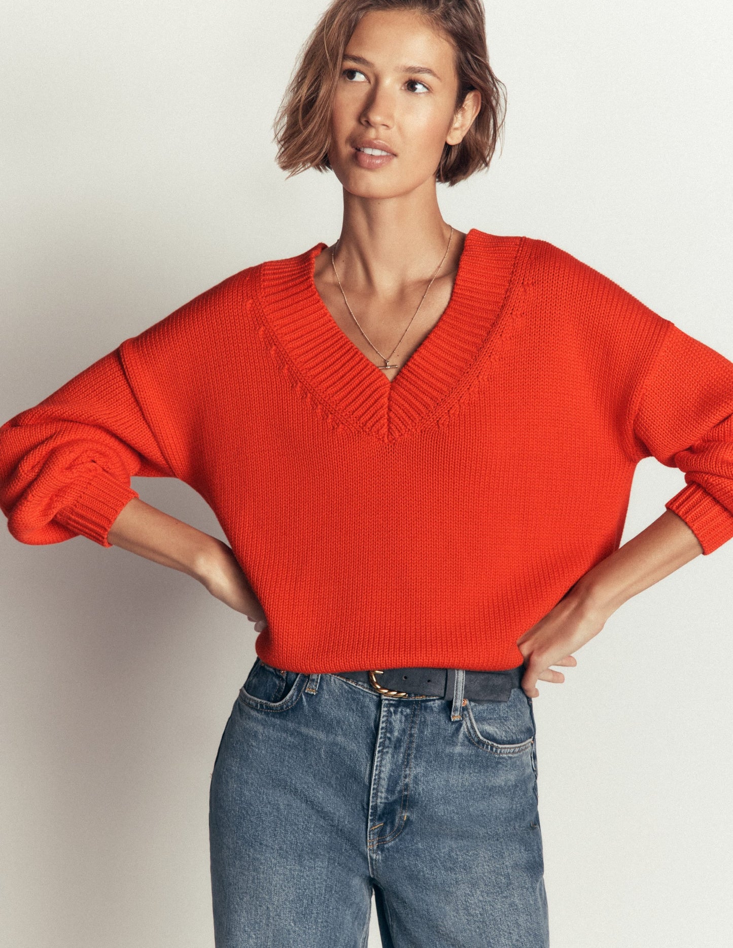 Lucy Cotton V-neck Jumper-Sunset Orange