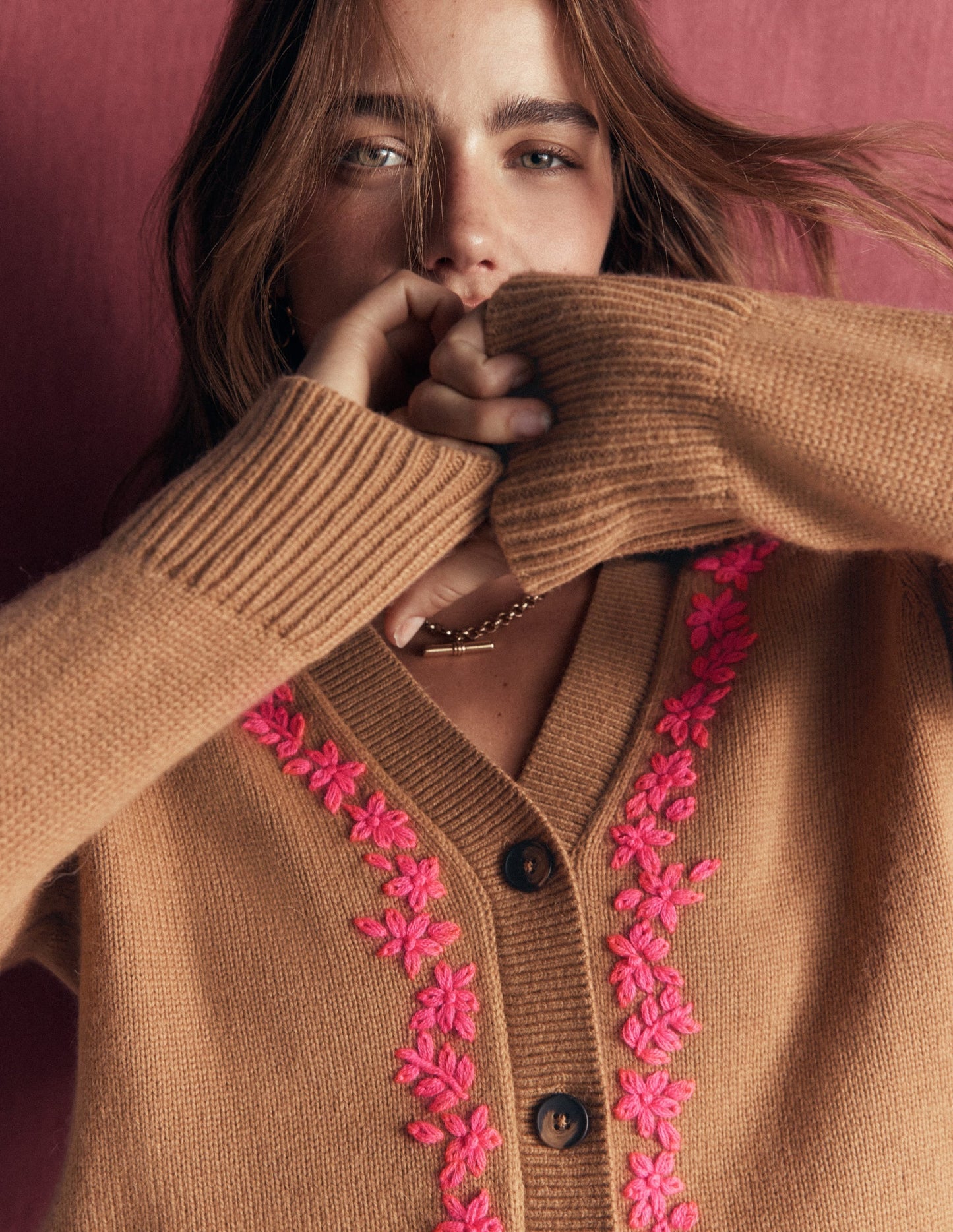 Ella Embroidered Knit Cardigan-Camel, Embroidery