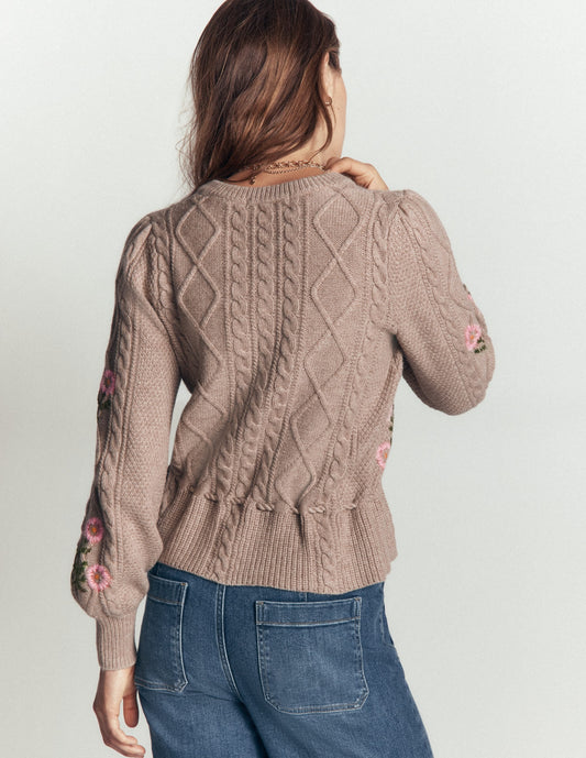 Cable Knitted Cardigan-Mink Melange, Embroidery
