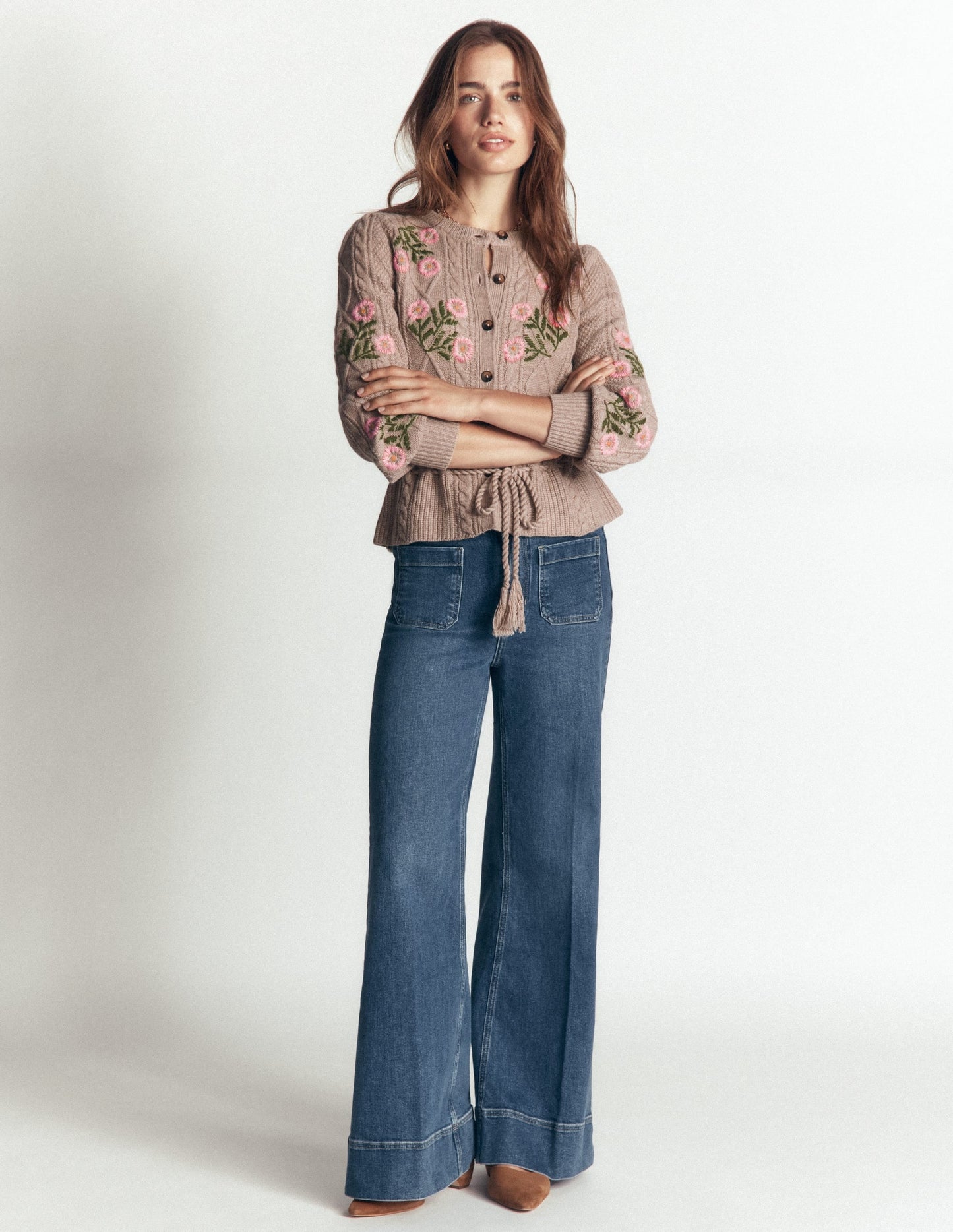Cable Knitted Cardigan-Mink Melange, Embroidery