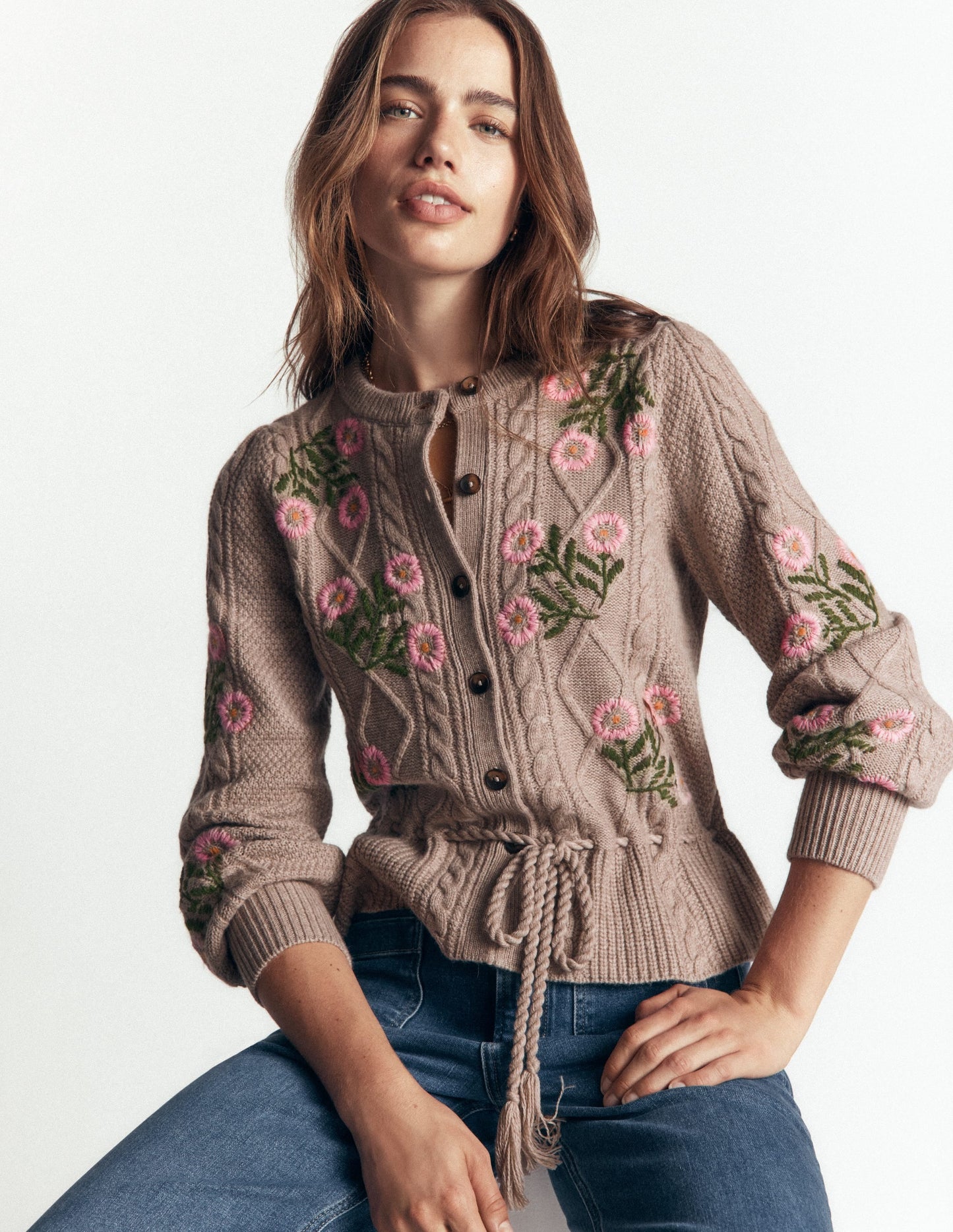 Cable Knitted Cardigan-Mink Melange, Embroidery