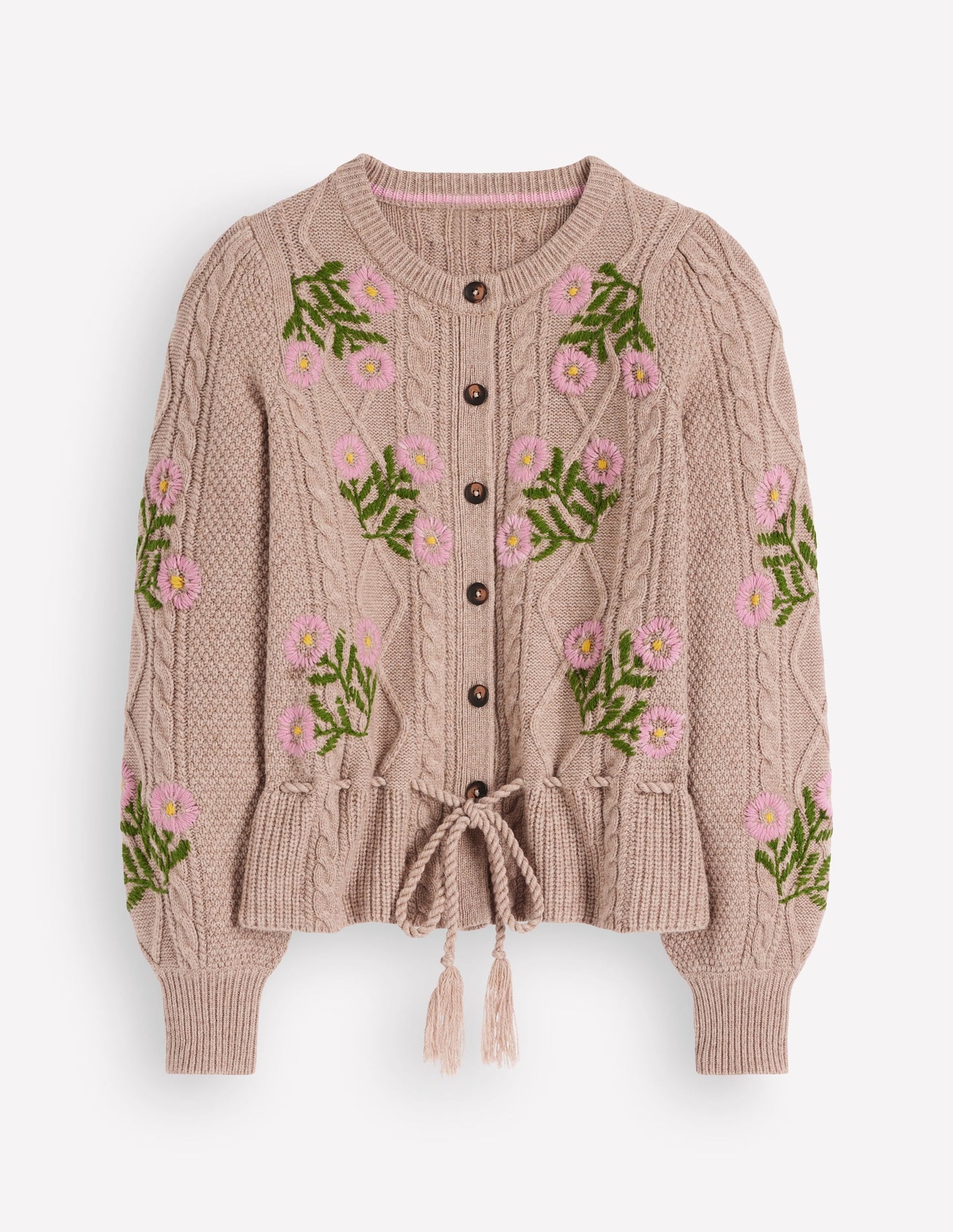 Cable Knitted Cardigan-Mink Melange, Embroidery