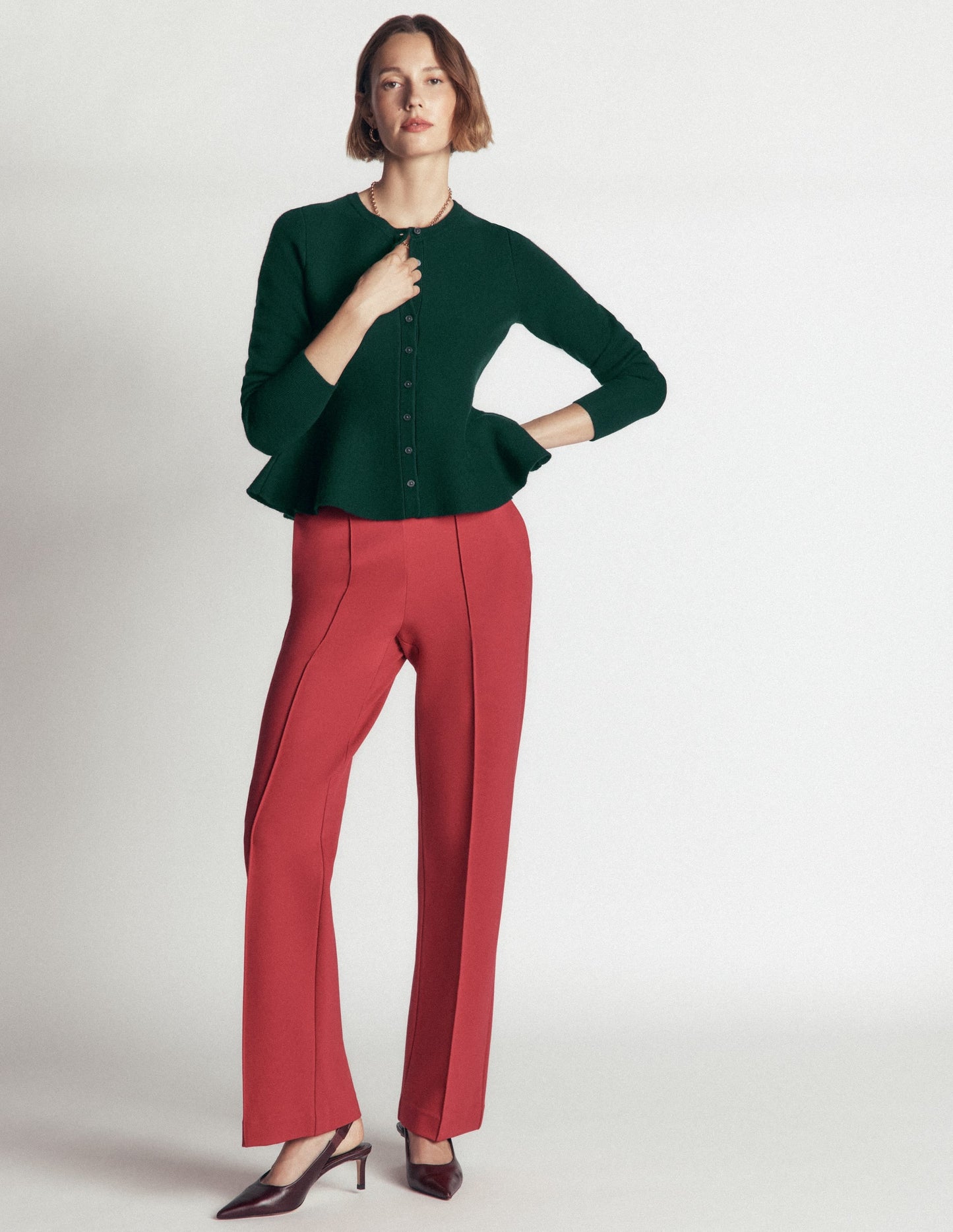 Fitted Wool Peplum Cardigan-Sea moss