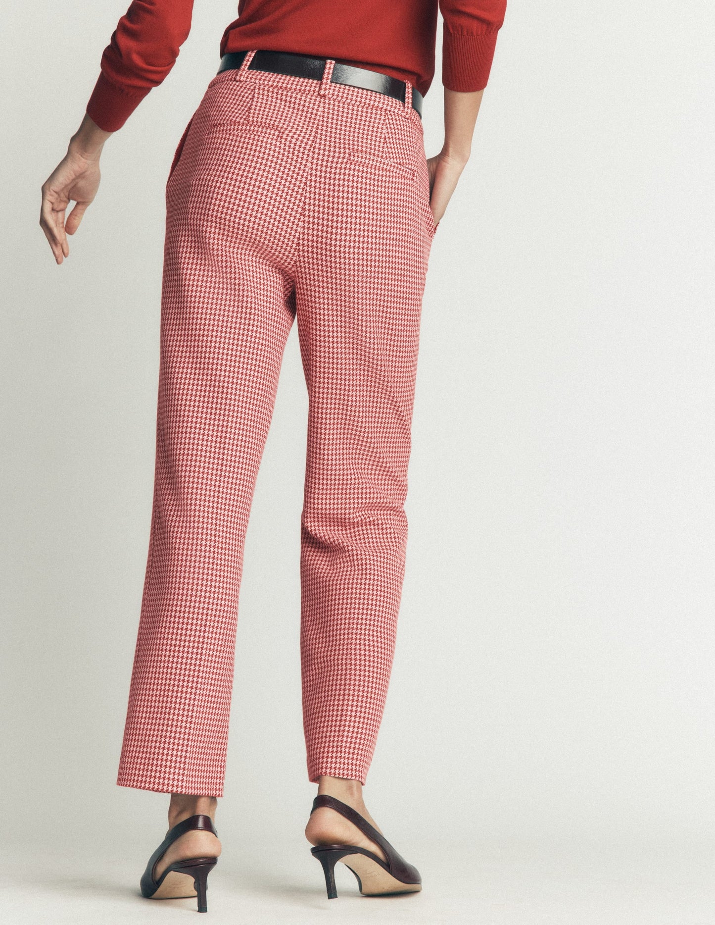Canonbury Cotton 7/8 Trousers-Pink, Brown Puppytooth