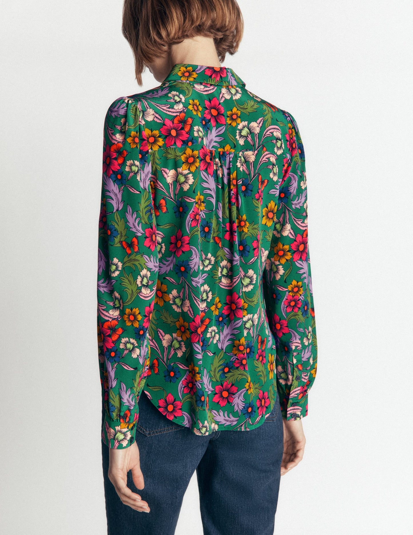 Sara Silk Shirt-Green, Butterfly Bouquet