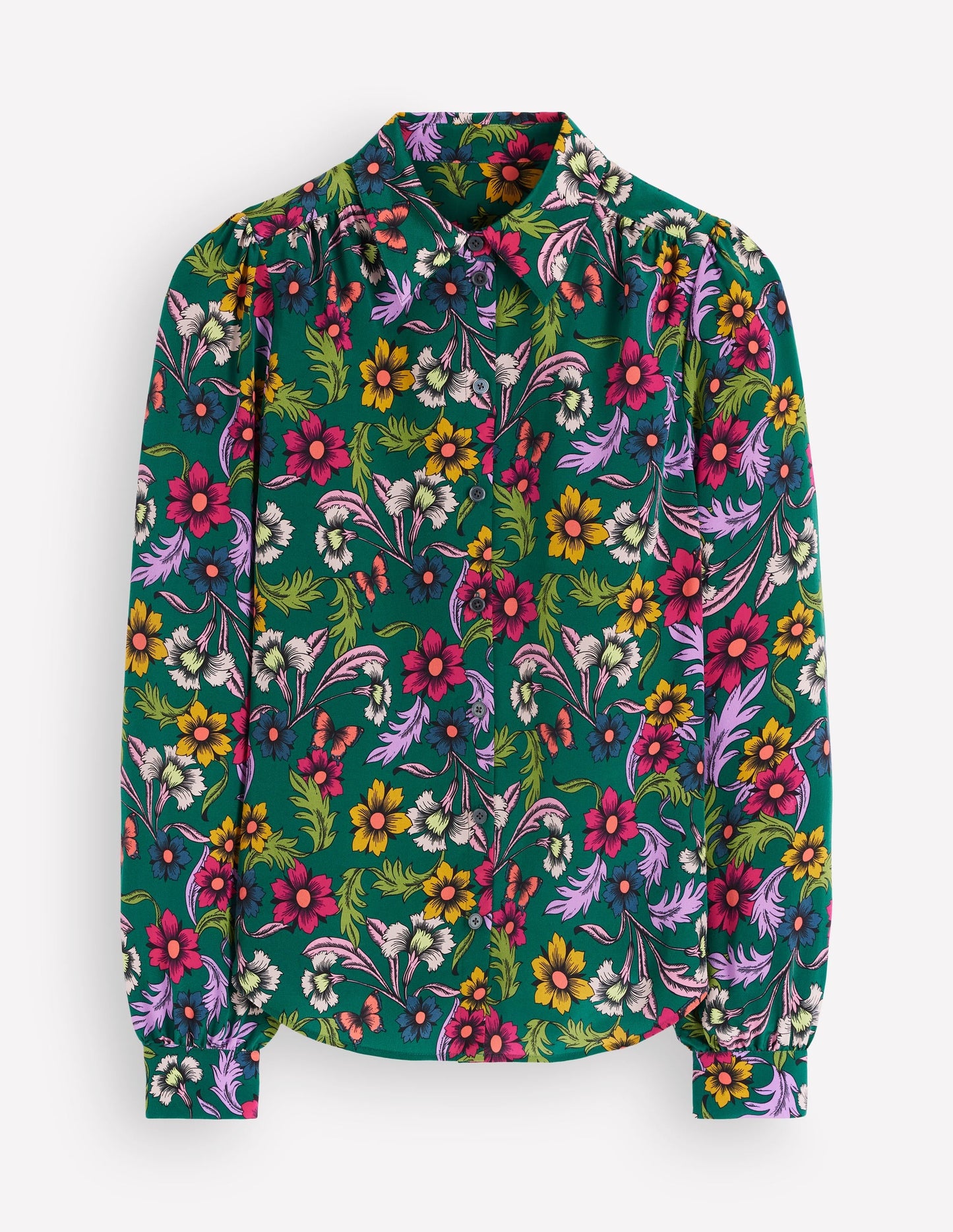 Sara Silk Shirt-Green, Butterfly Bouquet