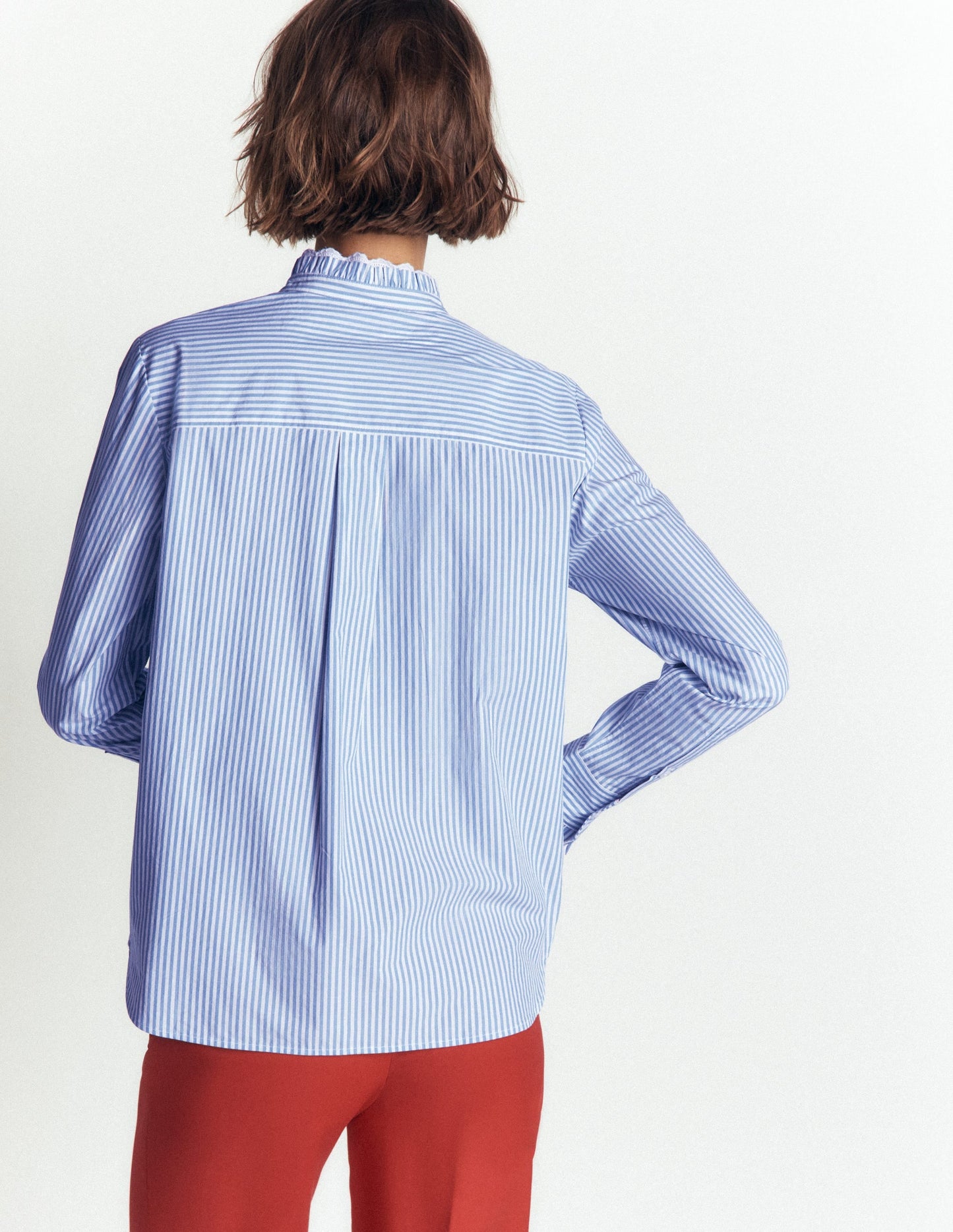 Sienna Frill Cotton Shirt-Forget Me Not, Ivory Stripe