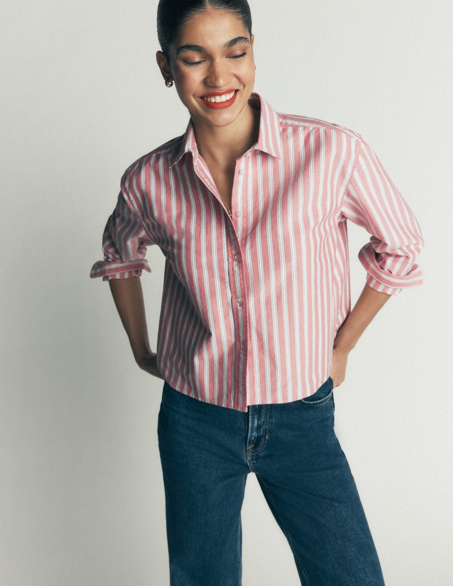 Sienna Cropped Cotton Shirt-Red, Navy Tram Stripe