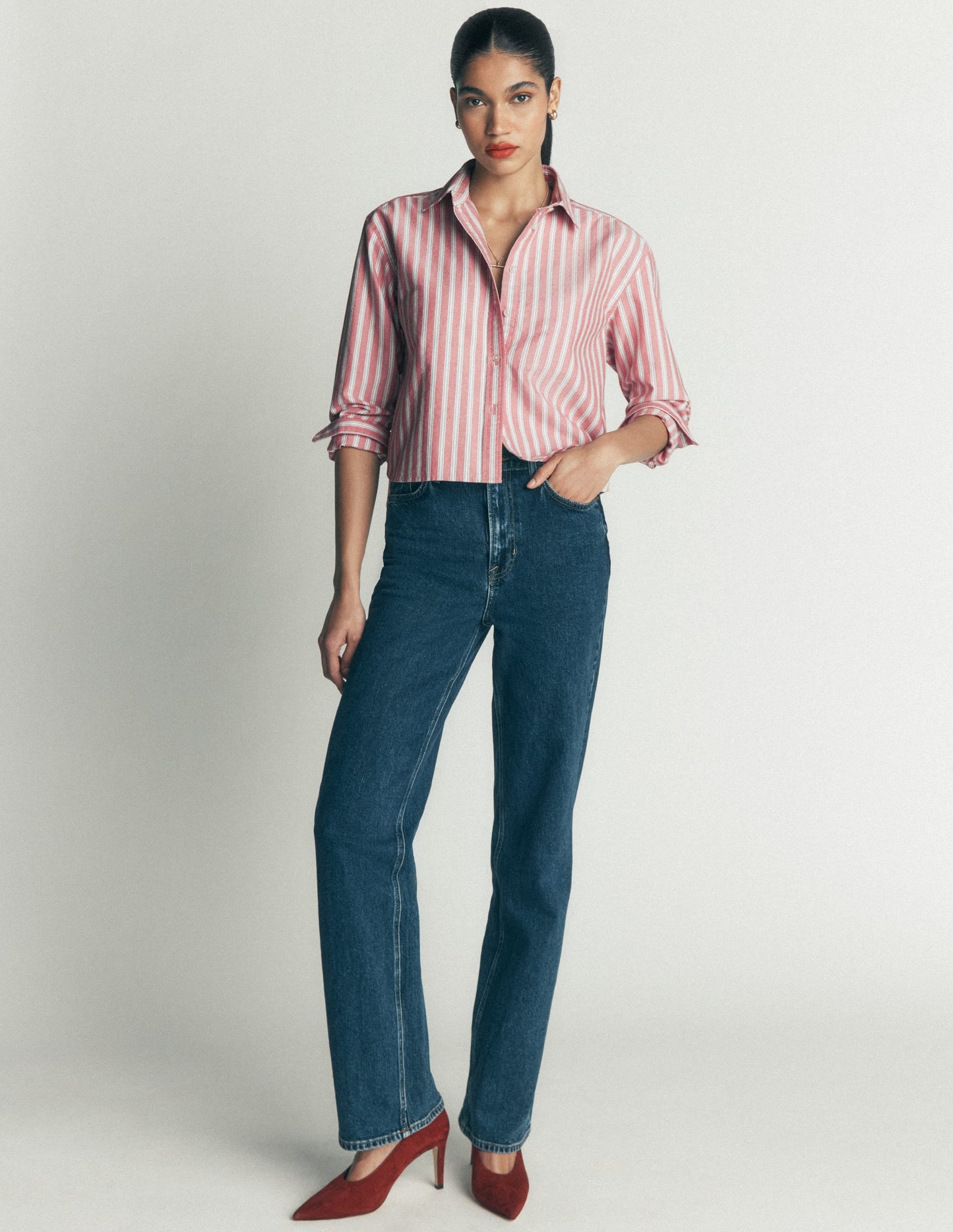 Sienna Cropped Cotton Shirt-Red, Navy Tram Stripe