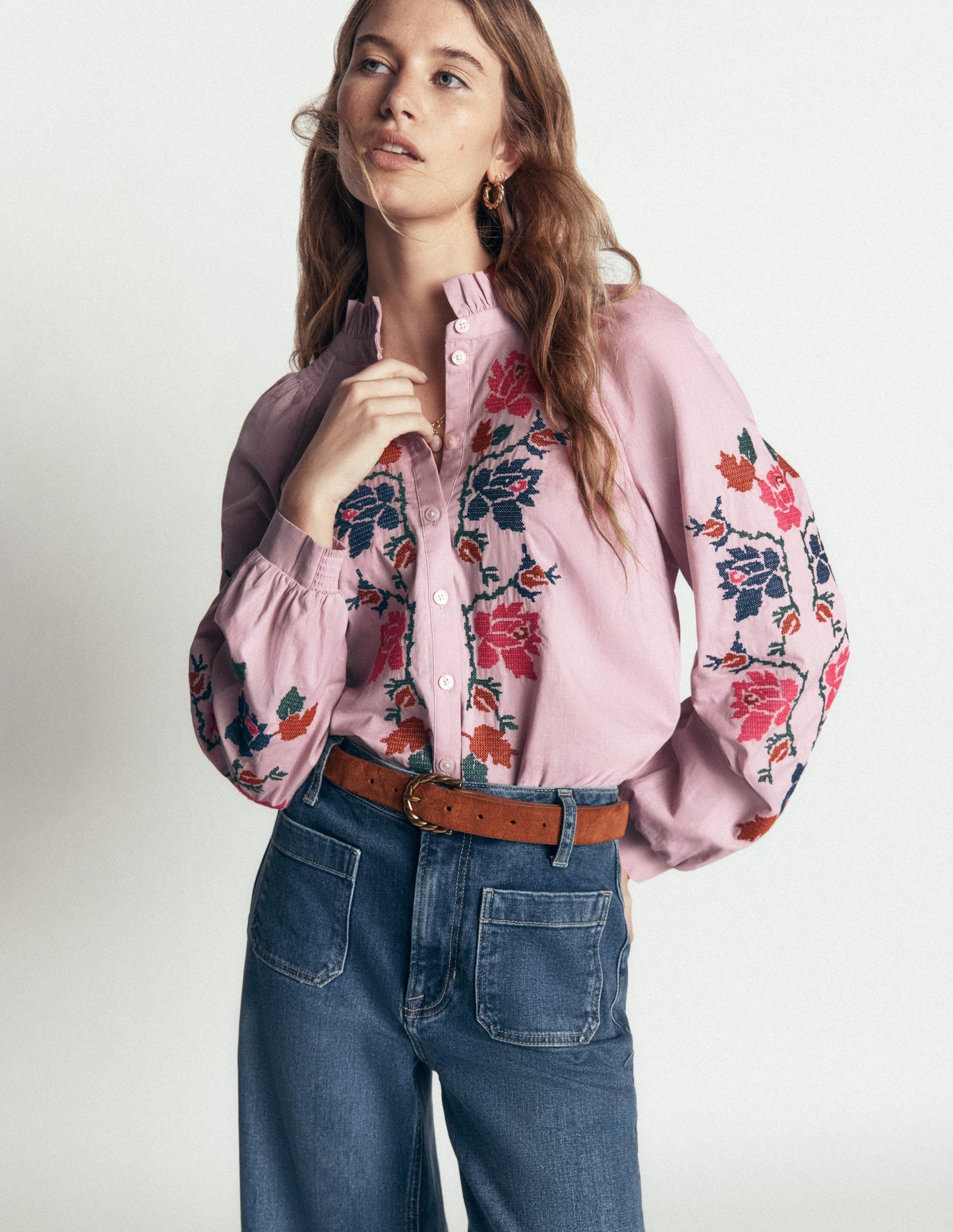 Erica Cotton Frill Top-Soft Pink, Embroidered Floral