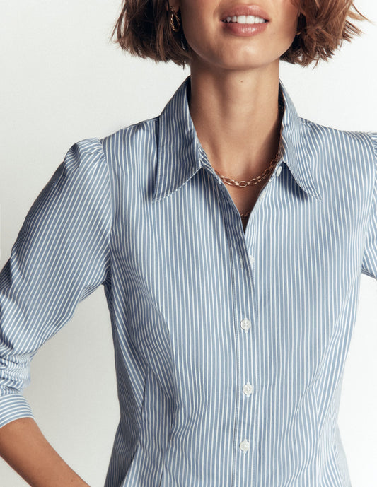 Julia Darted Cotton Shirt-Soft Blue, Ivory Stripe