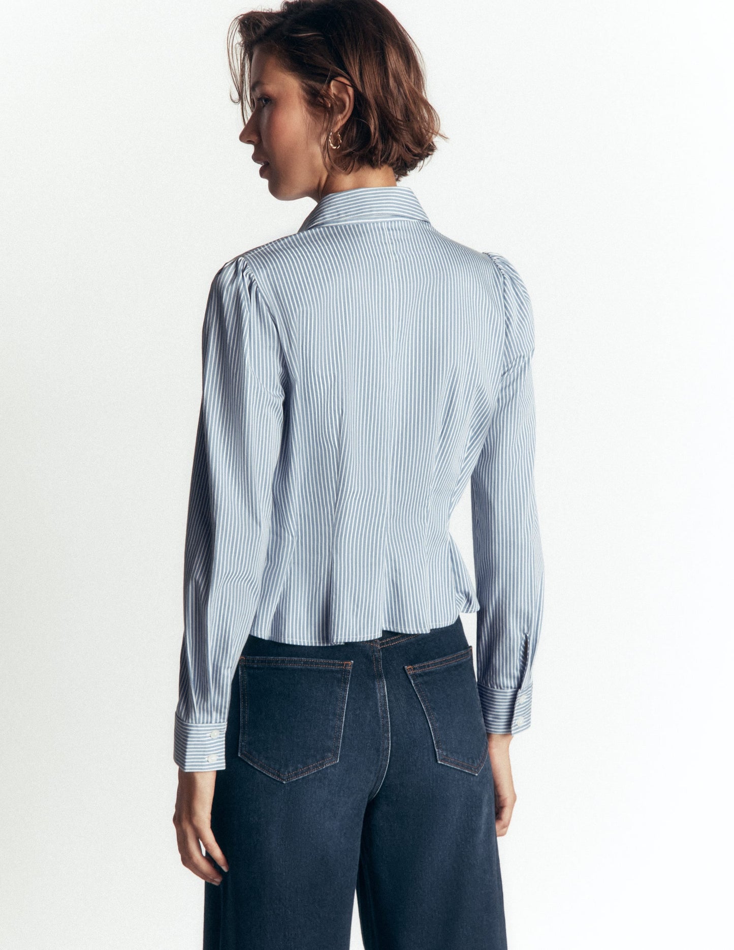 Julia Darted Cotton Shirt-Soft Blue, Ivory Stripe