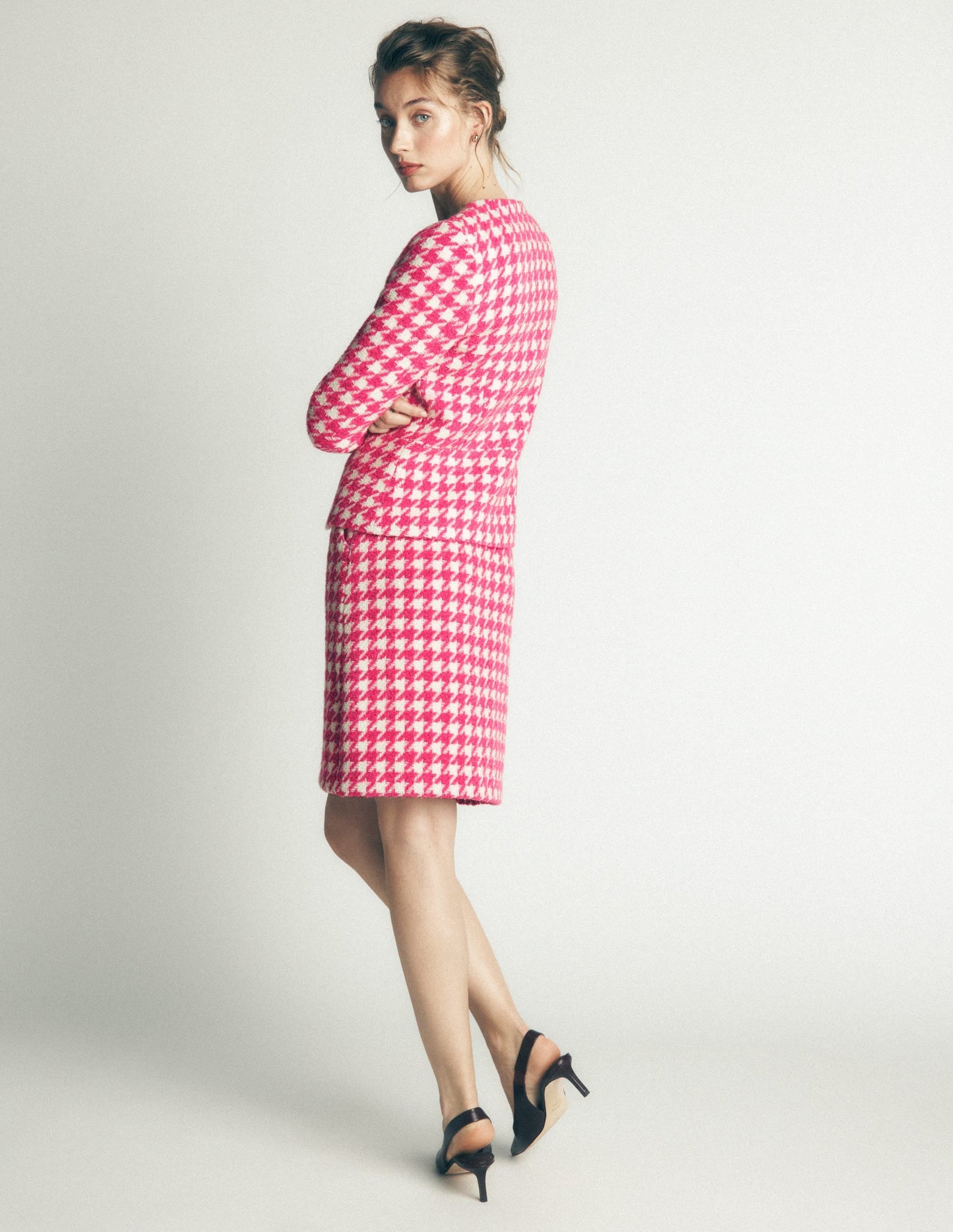 Collarless Wool Blend Blazer-Pink Dogstooth